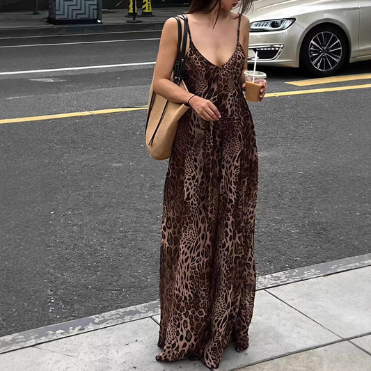 Sexy Leopard-print Backless V-neck Summer Slip Dress For Curvy Figures