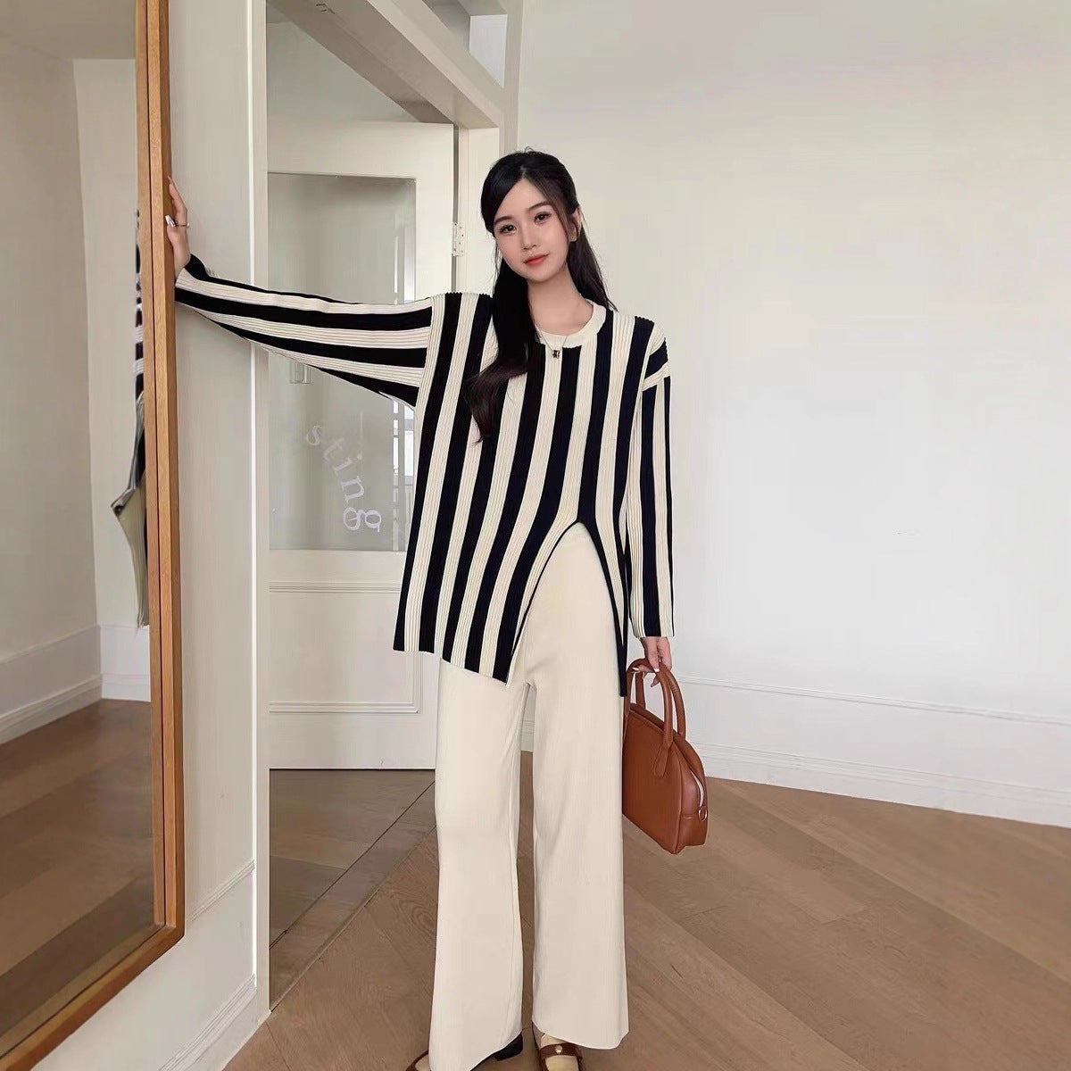 Vertical Stripes Crew Neck Split Knitwear Top High Waist Wide Leg Trousers Fashion Two-piece Suit