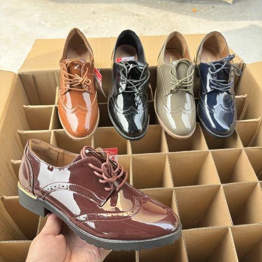 Women's Simple British Style Drawstring Patchwork Glossy Leather Shoes