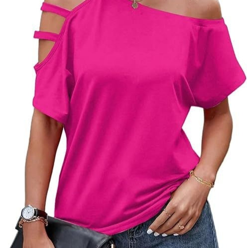Womens Fashionable New Off-shoulder Asymmetrical Hollow-out Casual Short-sleeve Top