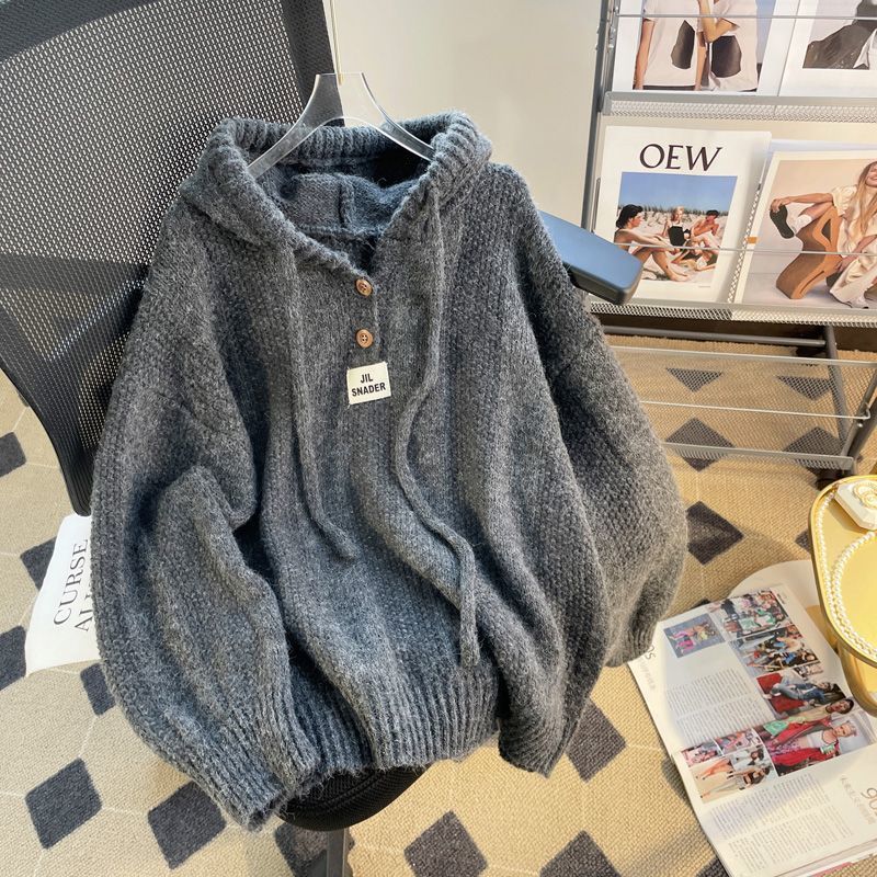 Hooded Soft Glutinous Thick Drawstring Knitted Sweater Top