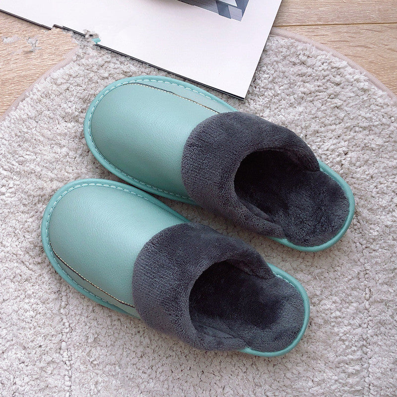 Genuine Leather Surface Cotton Home Waterproof Thick Bottom Plush Warm Slippers