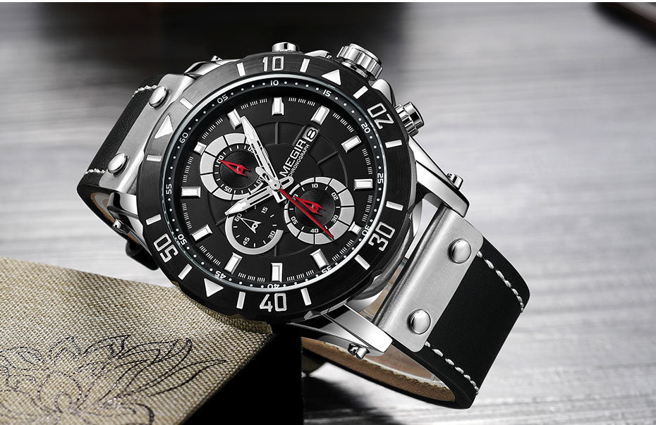Fashion sports three-eye timing leather wild men's quartz watch