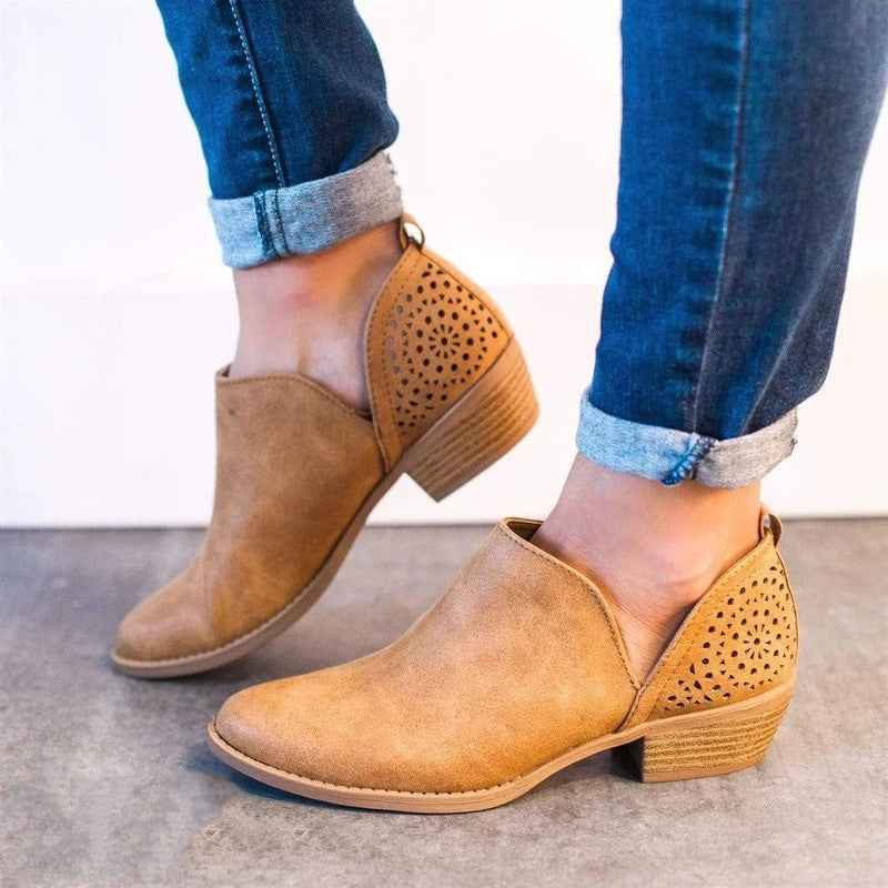 Short boots female pointed thick heel hollow