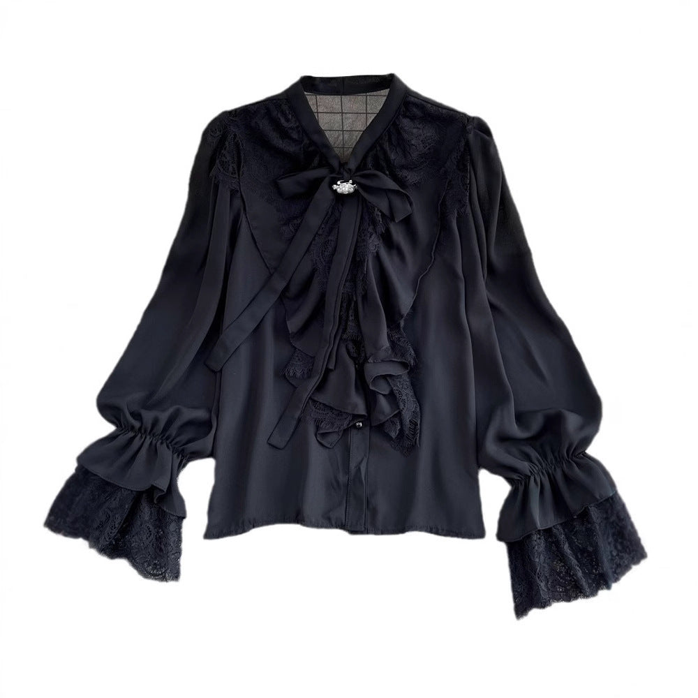 Womens Retro Elegant Loose-Fit Lace-Patch Flare-Sleeve Shirt