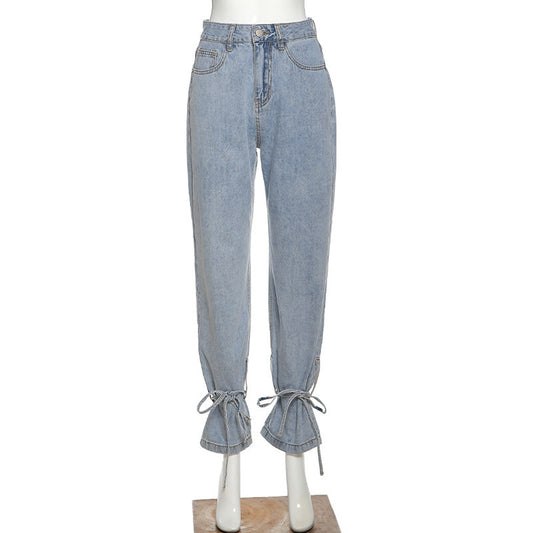 Women's New High-Waisted Skinny Jeans With Lace-Up Legs