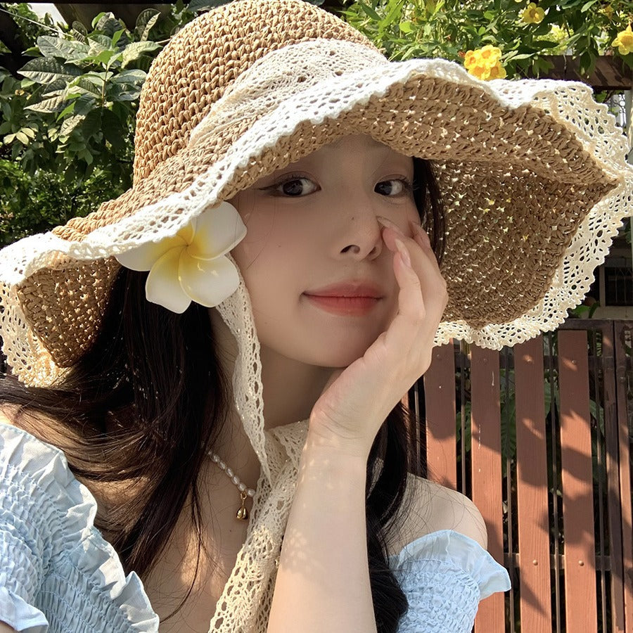 Big Brim Sun-proof Straw Hat Female Summer Seaside Breathable Lace Up