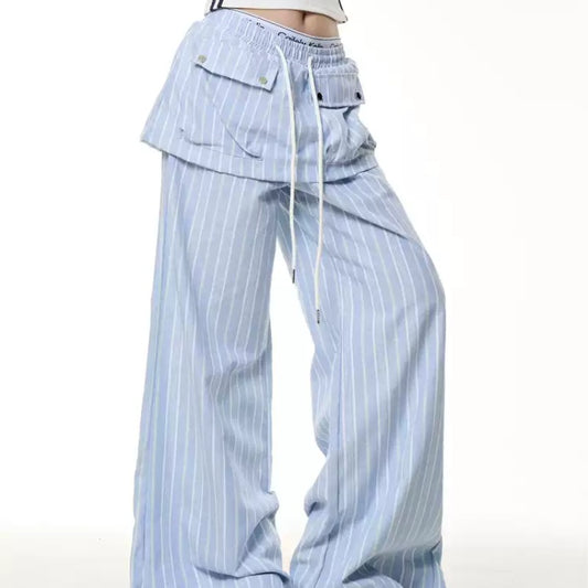 Vintage Stripe Fake Two Pieces Dungarees Women's Loose Straight