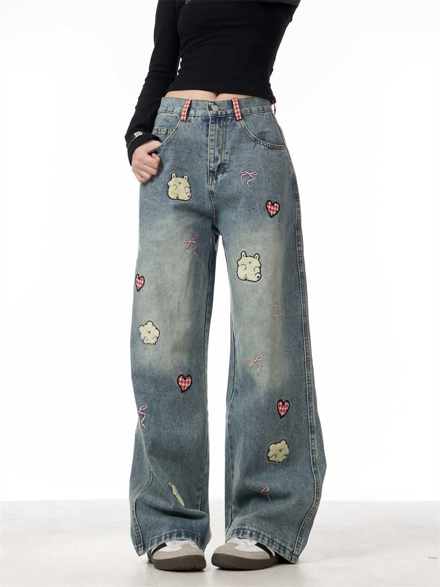 Jeans med lammebroderi til kvinder, retro, lige ben