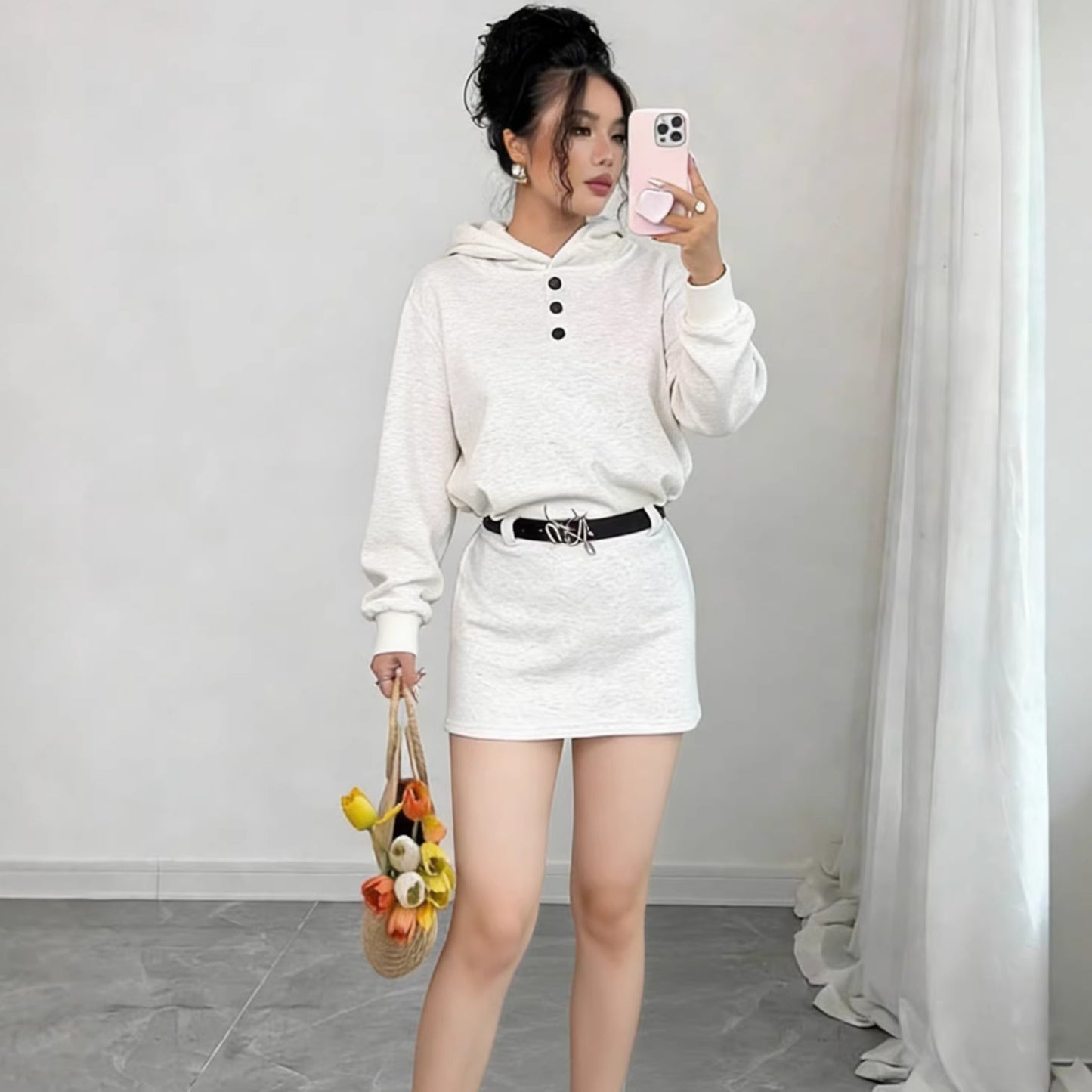 American Preppy Style Hooded Sweatshirt Dress