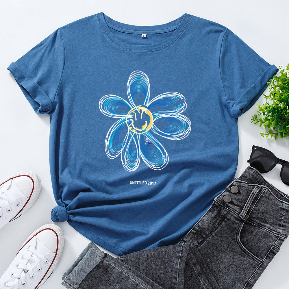 European And American Cotton Loose Round Neck Creative Flower Short Sleeve