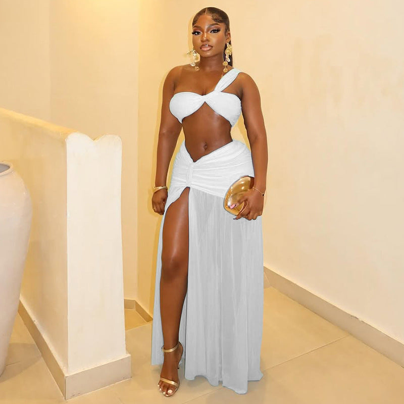 Women's Split Hem Bodycon Tube Top And One-Shoulder Two-Piece Set