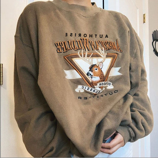 American Retro Fawn Cartoon Sweater Women's Loose Pullover