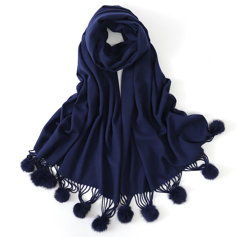 Pure color rabbit fur ball cashmere scarf