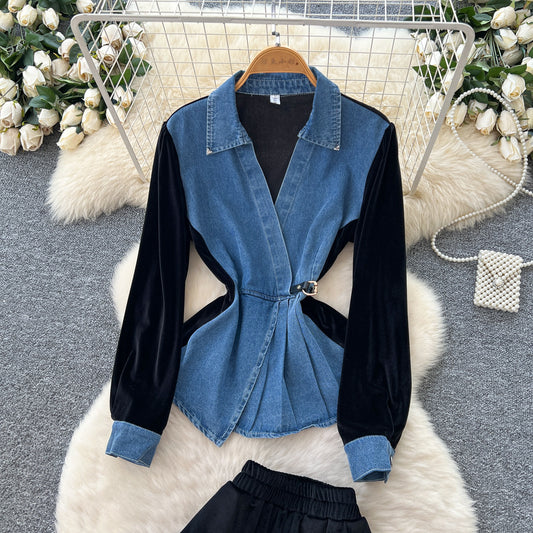 Chic Niche-style Blue Denim Spring Set With A French-inspired Cinched Waist For A Slimming Trendy Look
