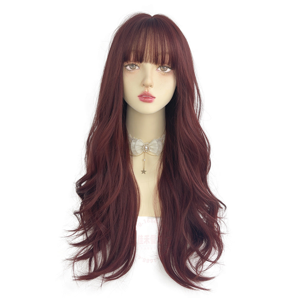 Waves Roll Korean Style Air Bangs Full-head Wig Wine Red Color Long Curly Hair Fluffy Whole Wig