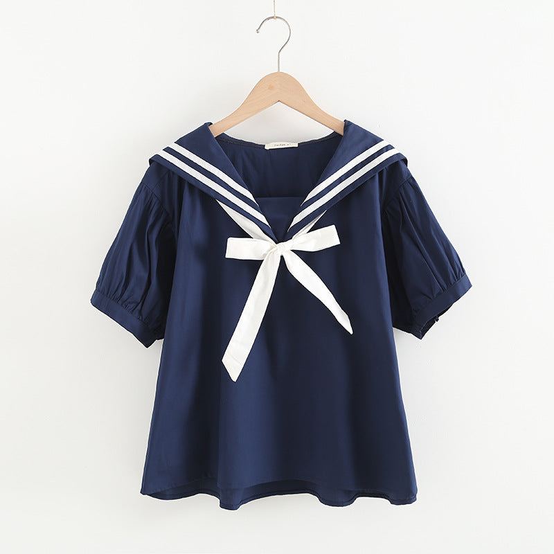 Elegant Cotton Pullover Sailor Collar Loose Women's Shirt