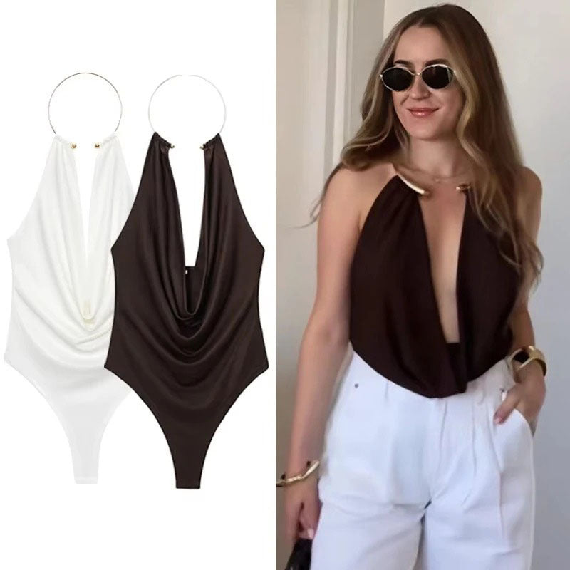 Pure Desire Backless Sexy Metal Decorative Halter Sleeveless Leotard