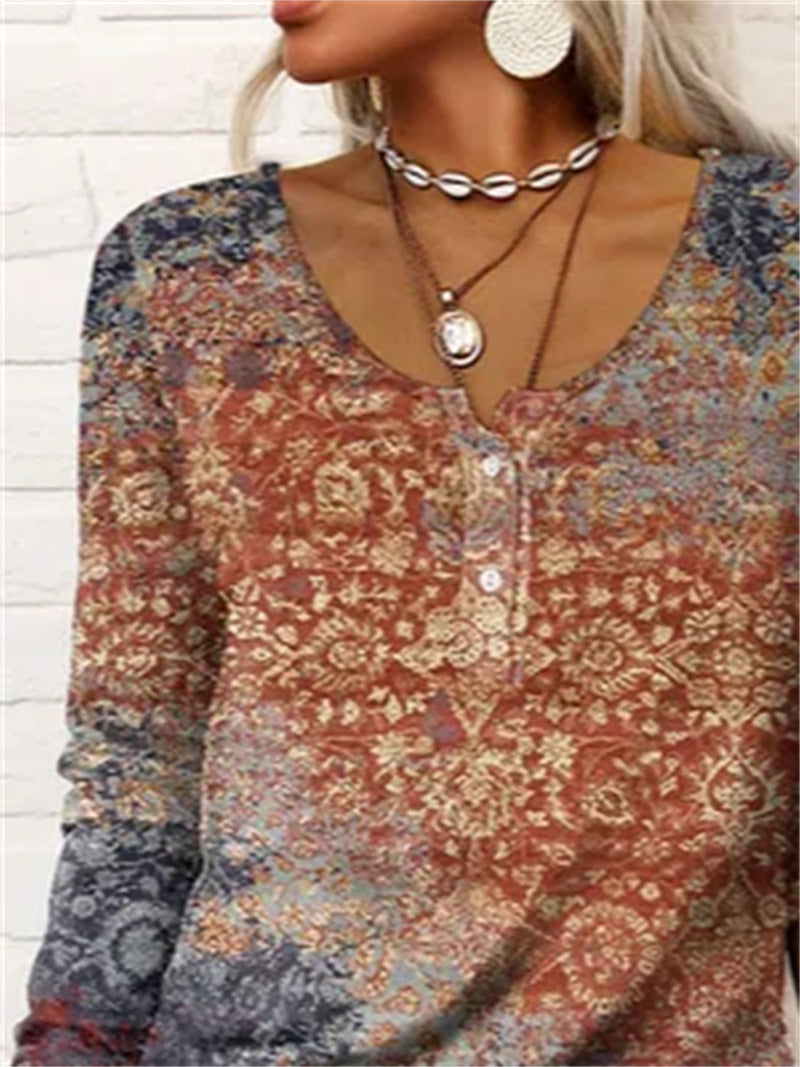 Loose Long-sleeved Geometric Floral U-neck Button T-shirt
