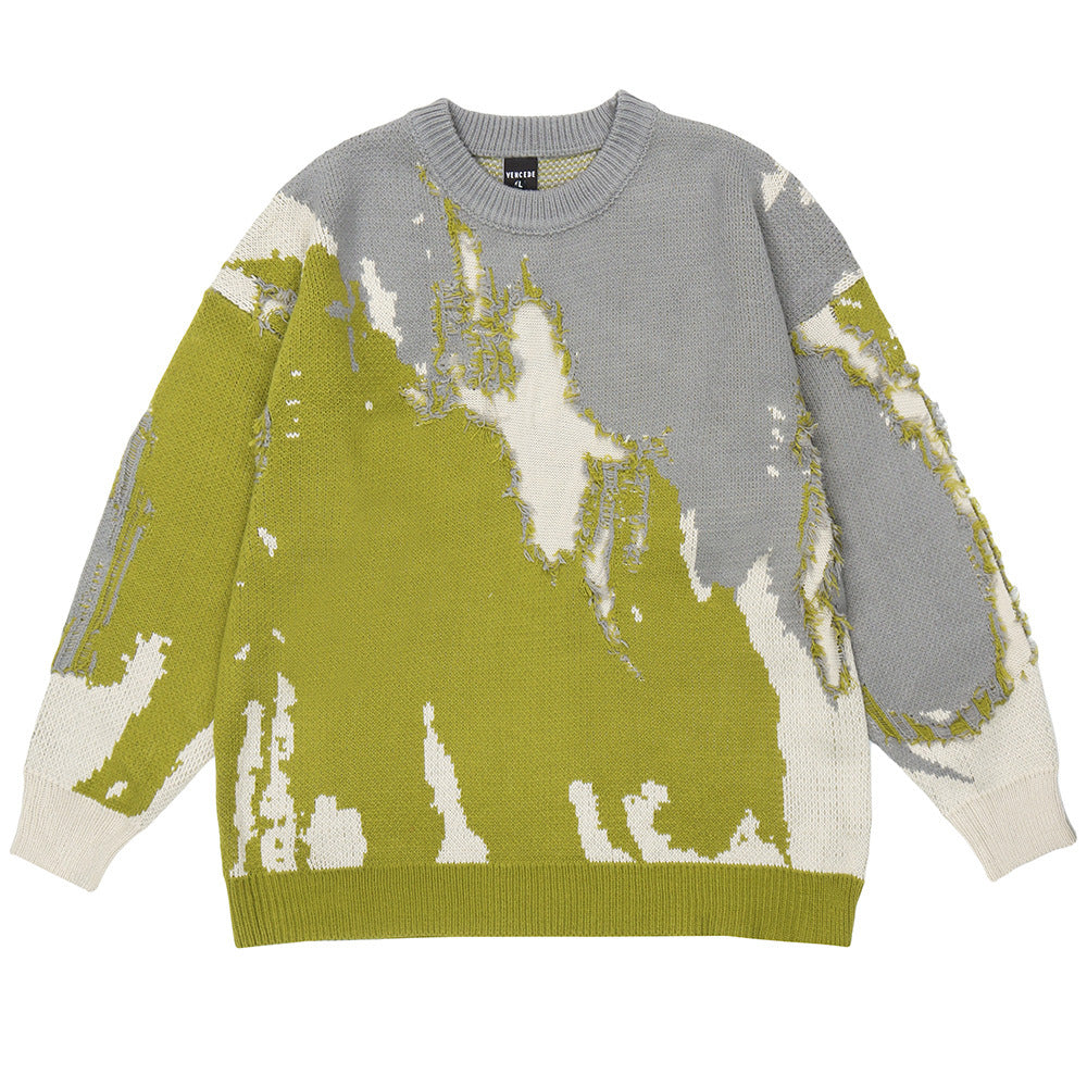 Men's Crochet Ripped Crew Neck Sweater
