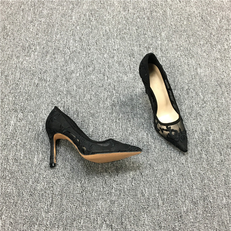 Shallow High Heels Stiletto Pointed Flower Mesh Lace All-match Single Shoes