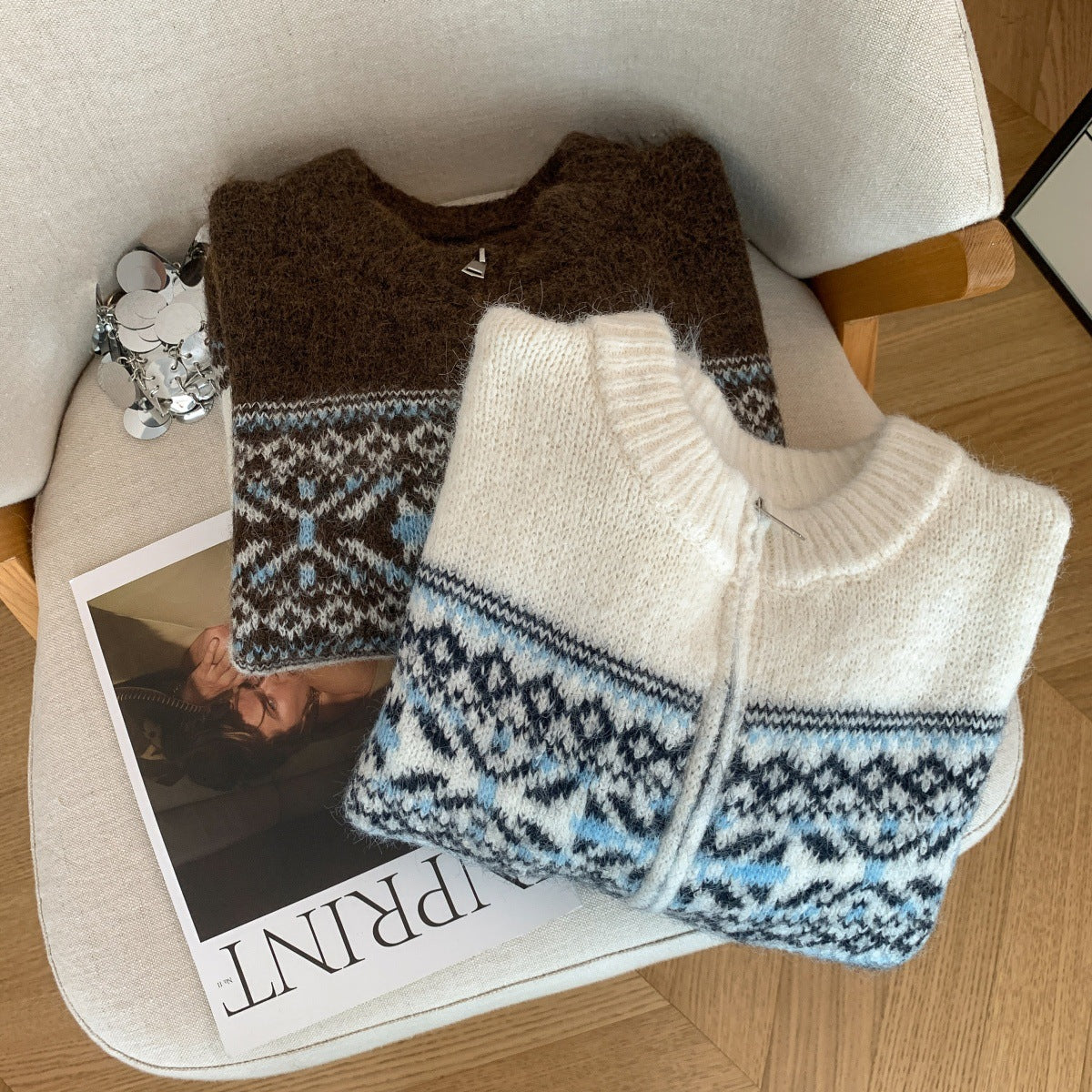 Retro Lazy Style Jacquard Long Sleeve Sweater Women