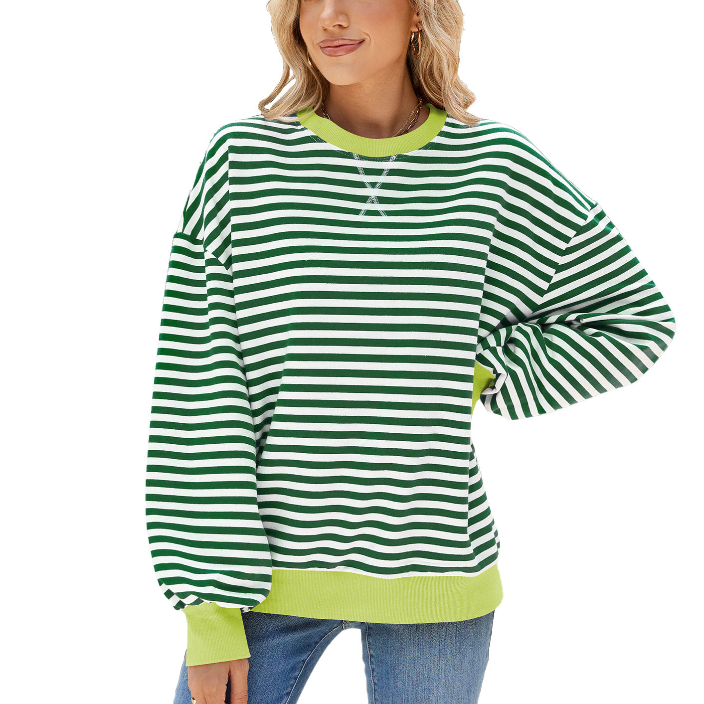 Kvinder Stribet Rund Hals Kontrastfarve Løs Langærmet Sweatshirt