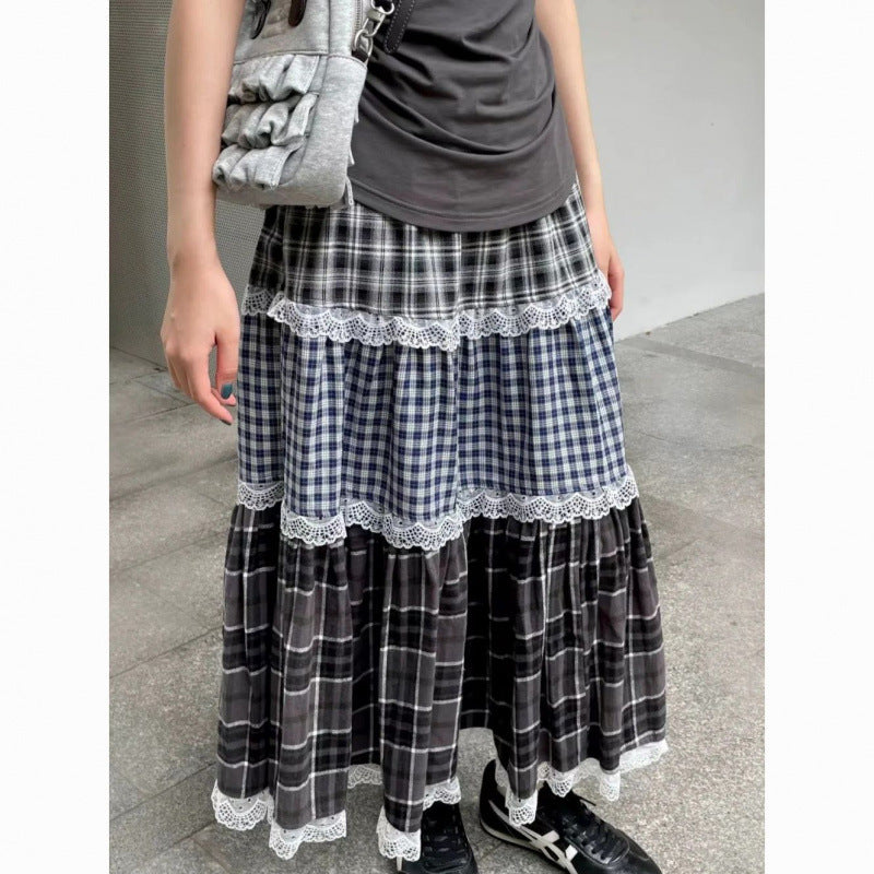 Plaid Lace-Patched Cake-Style Checkered Midi Skirt For Women