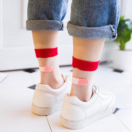 Japanese personality creative heel band-aid fun cotton socks stitching glass socks