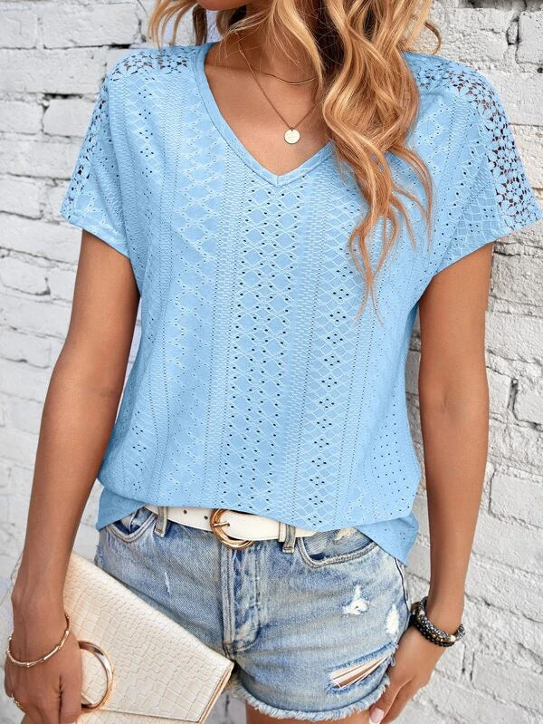 Women's Solid Color And V-neck Top Hollow Mesh Short Sleeve