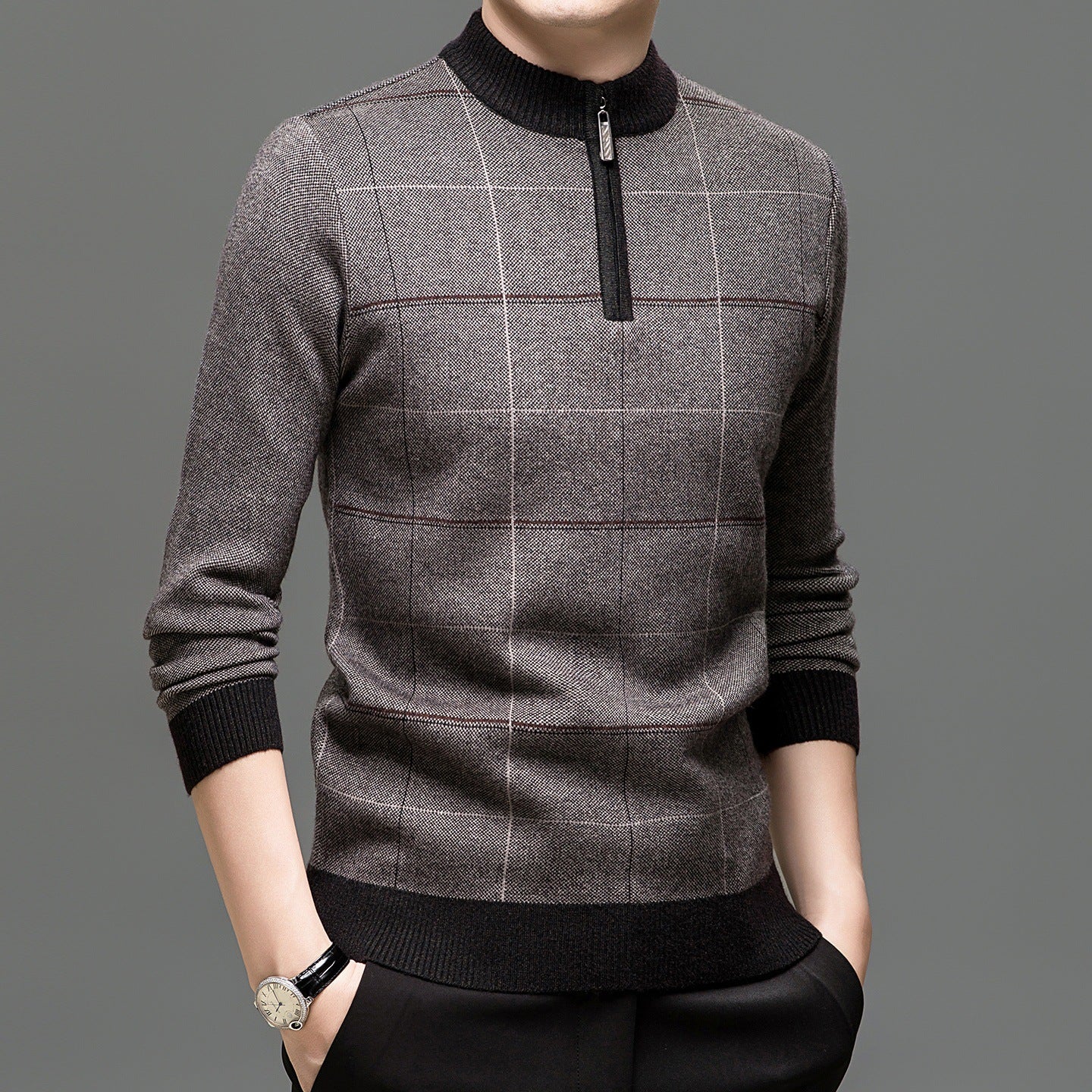 Mens Stylish Plaid Half-zip Knit Sweater