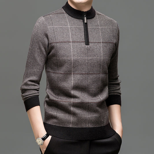 Mens Stylish Plaid Half-zip Knit Sweater