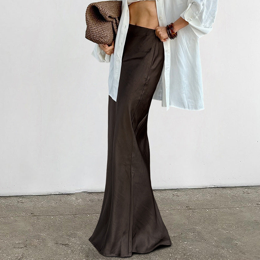 Brown Retro Style Thick Matte Satin High Waist Skirt