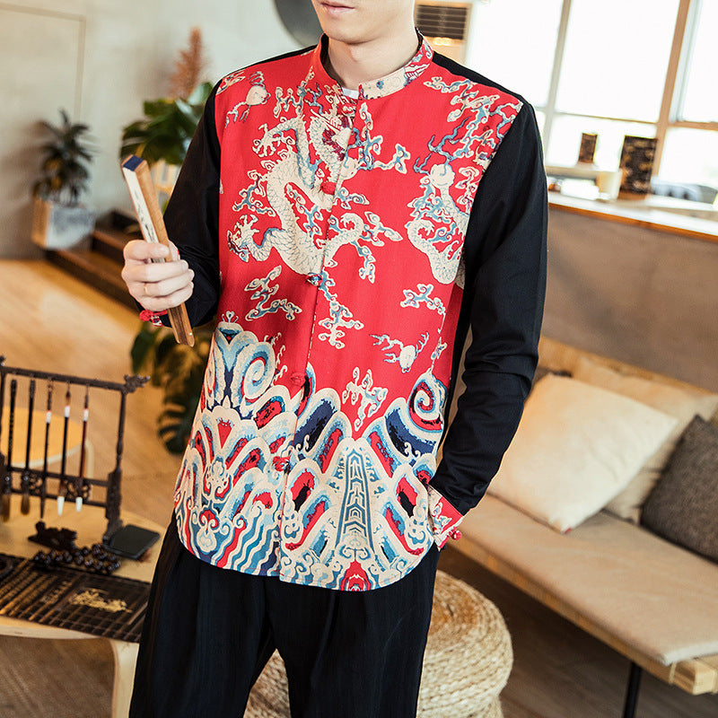 Vintage button print men's long sleeve shirt