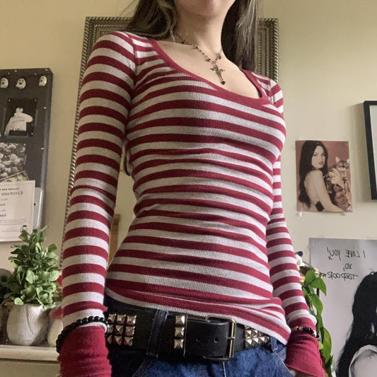 Womens Striped Crew Neck Long Sleeve Top