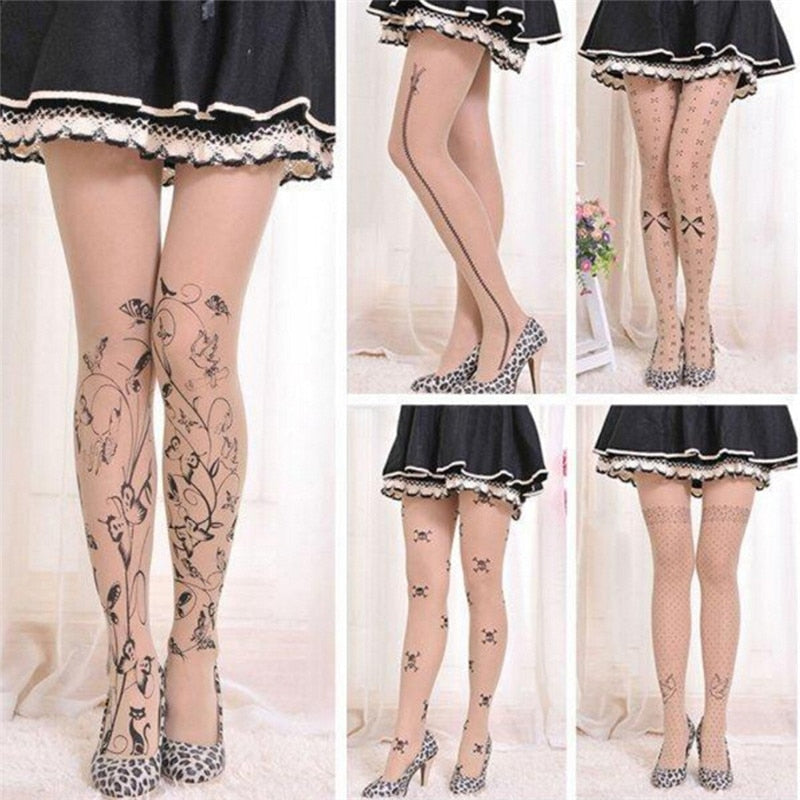 Velvet cartoon fake tattoo printed stockings