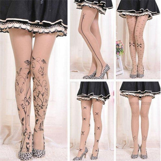 Velvet cartoon fake tattoo printed stockings