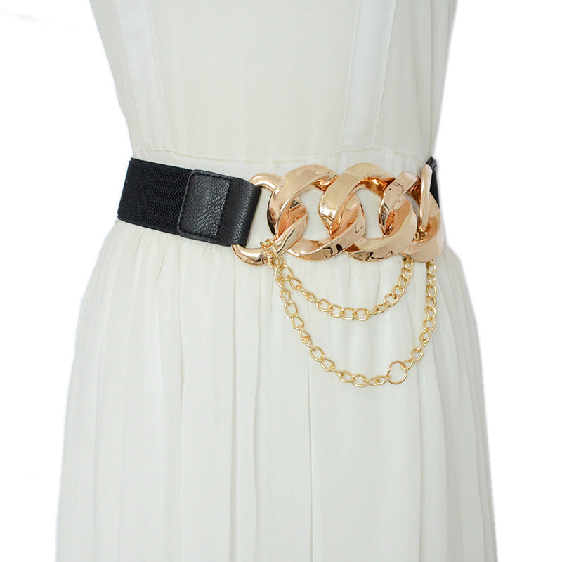 Fashionable Chain Tassel Embellishment With Wide Elastic Belt