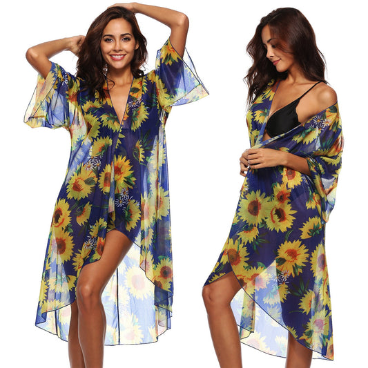 Sunflower floral print tassel coat