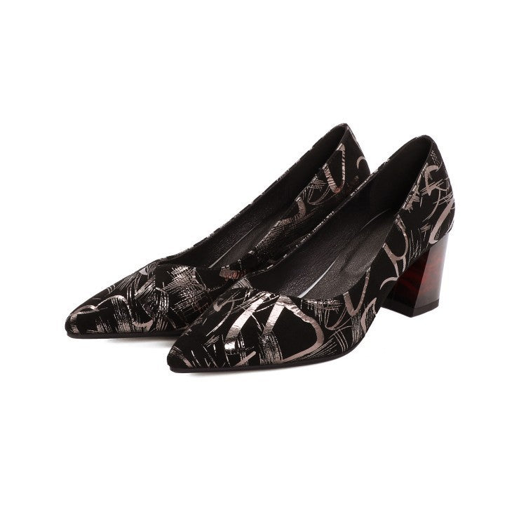 Fashion thick heel leather shallow pointed toe single shoes women