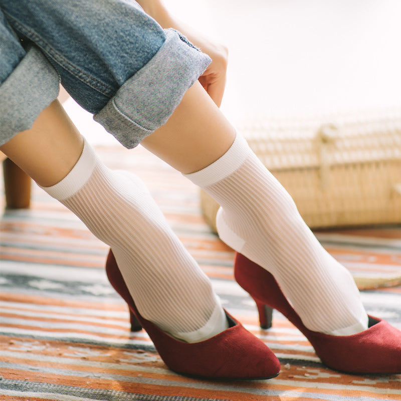 Japanese all-match ultra-thin breathable card silk pile pile socks plain color glass stockings