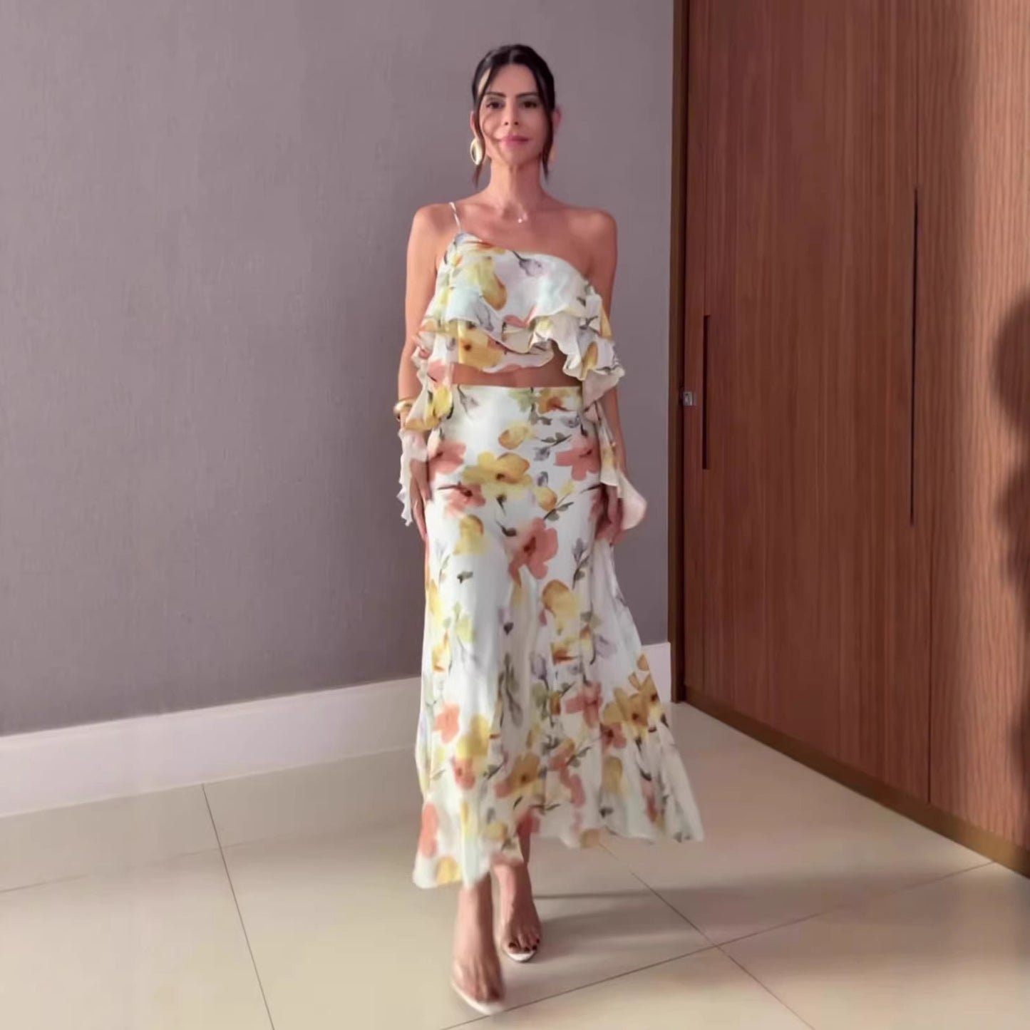 Printed Off-shoulder Camisole Top And Skirt Two-piece Set