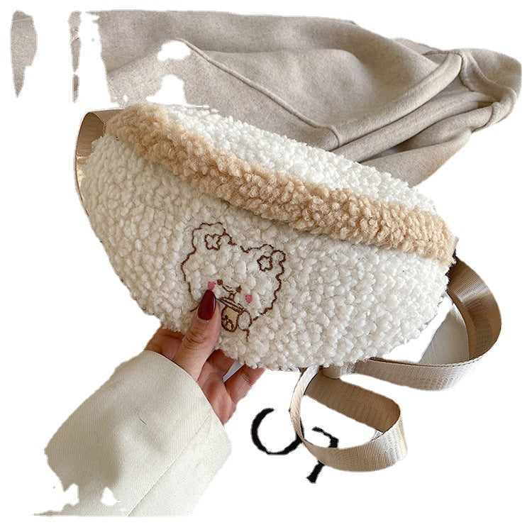 One Shoulder Crossbody Cute Cartoon Embroidery Bear Lamb Wool