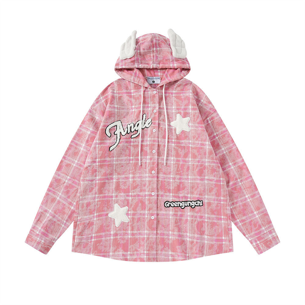 Letter XINGX Embroidered Hooded Plaid Shirt