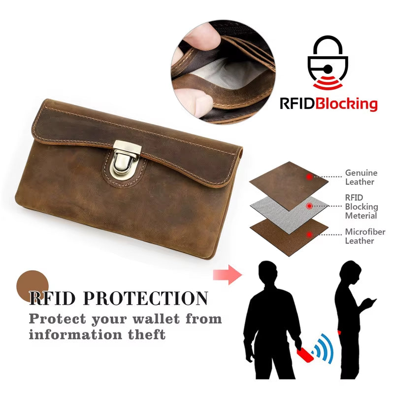 Retro Crazy Horse Leather RFID Anti-Magnetic Waist Bag with Multi-Functional Lock, Real Leather Mobile Phone Waist Bag