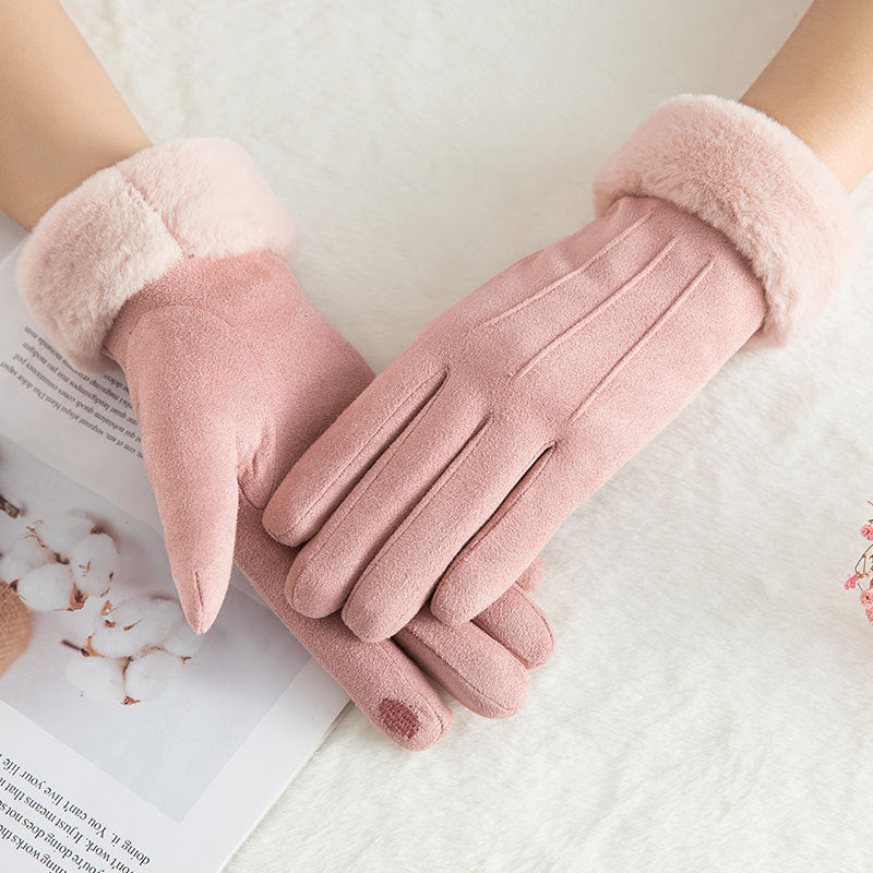 Suede warm gloves double layer plus velvet thick wind and cold riding touch screen gloves