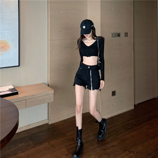 wide-leg Loose Side Zipper Denim Shorts