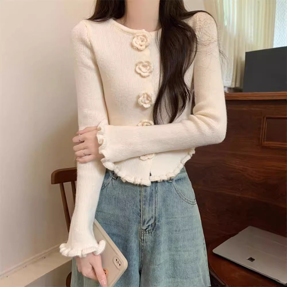 Women's Three-dimensional Flower Long-sleeved Sweater With Wooden Ear