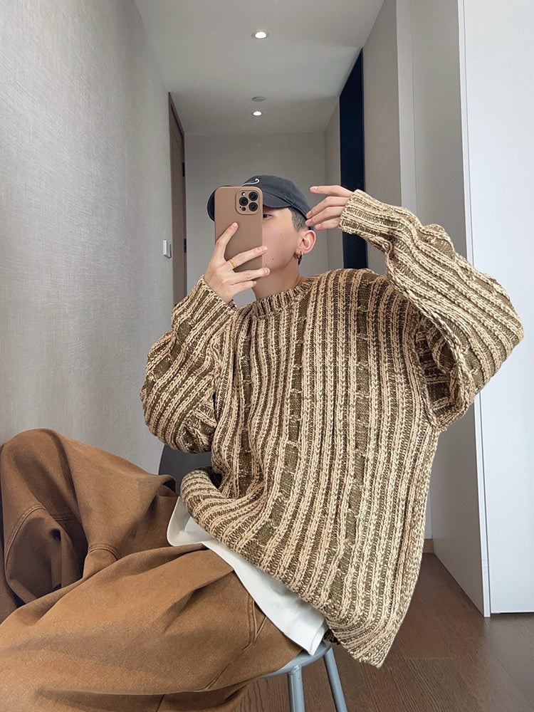 Mens AutumnWinter Retro All-Match Loose Khaki Green Cabled Double-Face Crew-Neck Distressed Thick Sweater