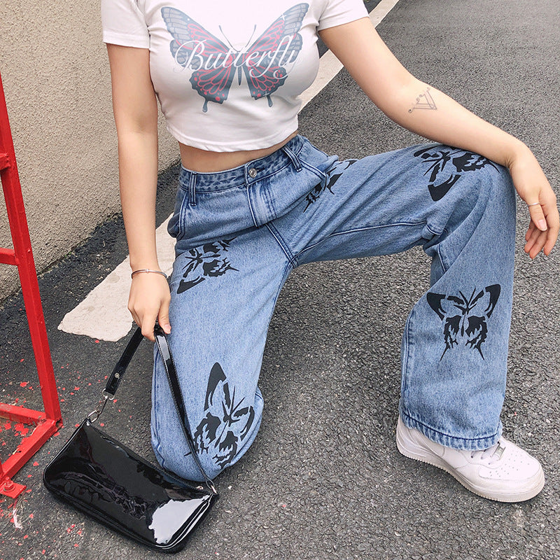 Fashion Straight-leg Butterfly Denim Trousers